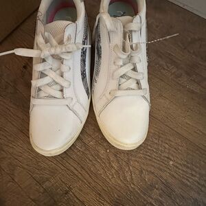 White Sneakers with Snake Print Accent